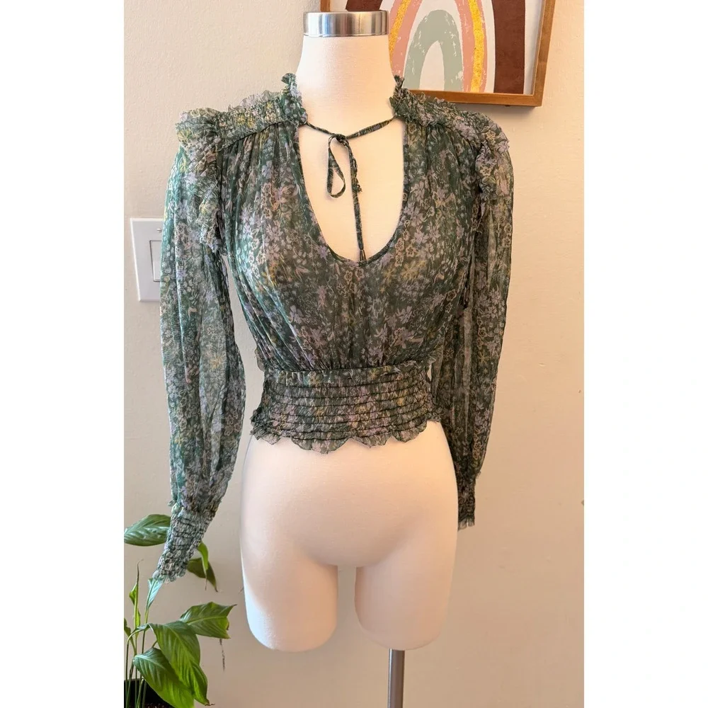 Free People Floral Mesh Crop Top Womens XS Green Boho Smocked Ruffle Blouse